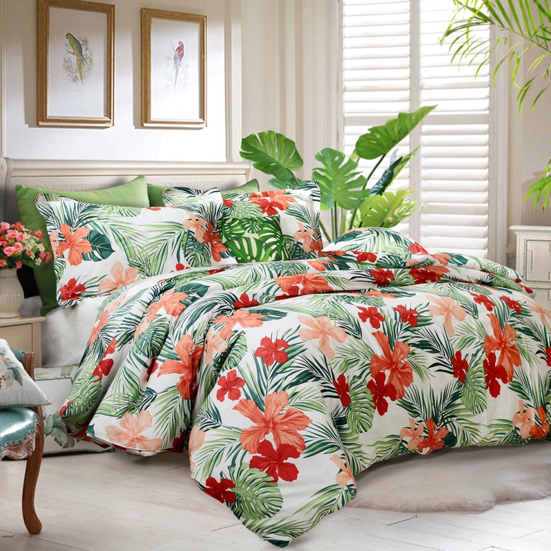 FADFAY Hawaiian Style Red Hibiscus Palm Leaves Tropical Duvet Cover Set Summer Bedding Super Soft 100% Cotton,1 Duvet Cover & 2 Pillow Shames, King Size - Image 2